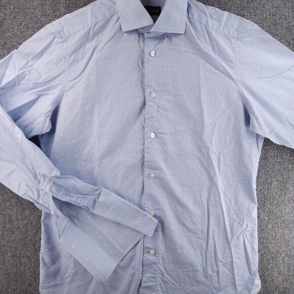 Ermenegildo Zegna 15.5 Cotton Tailored Blue French Cuff Check Men Shirt Spread - Picture 2 of 16